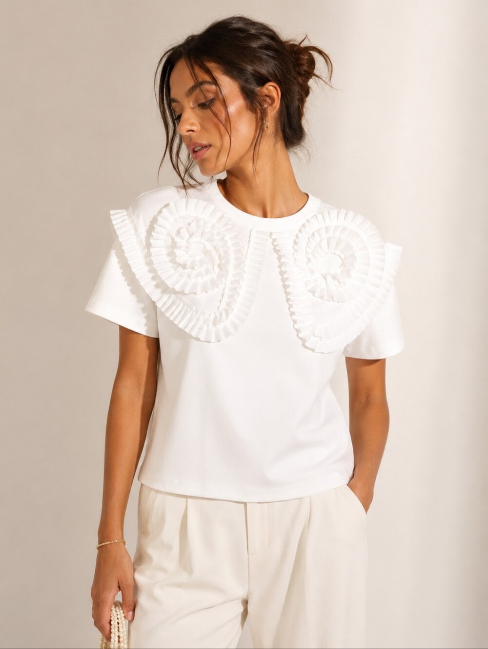 INA White Pleated Ruffle Statement Short Sleeve Top Size L